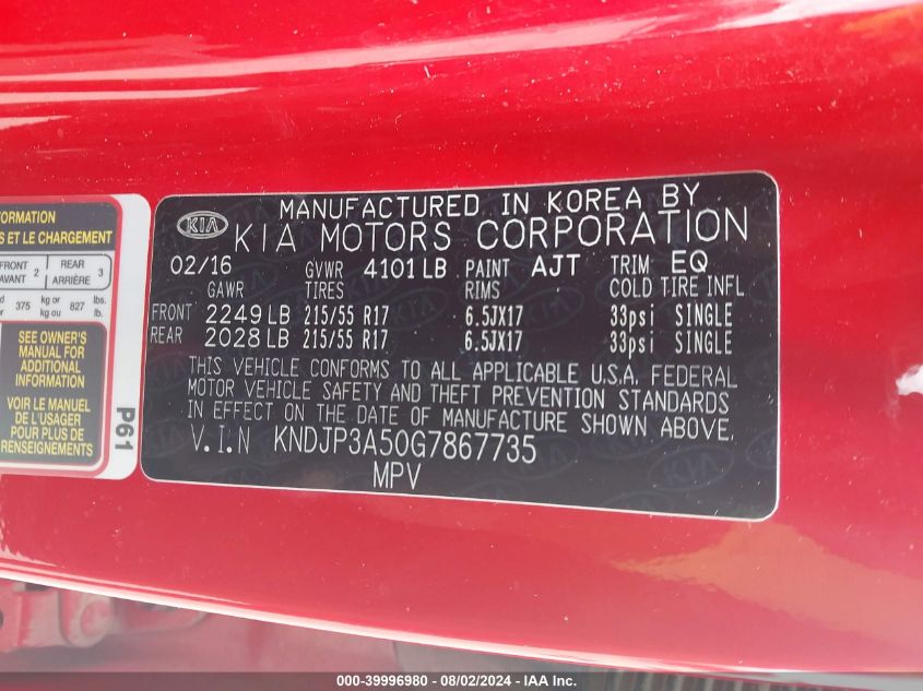 2016 Kia Soul + VIN: KNDJP3A50G7867735 Lot: 39996980