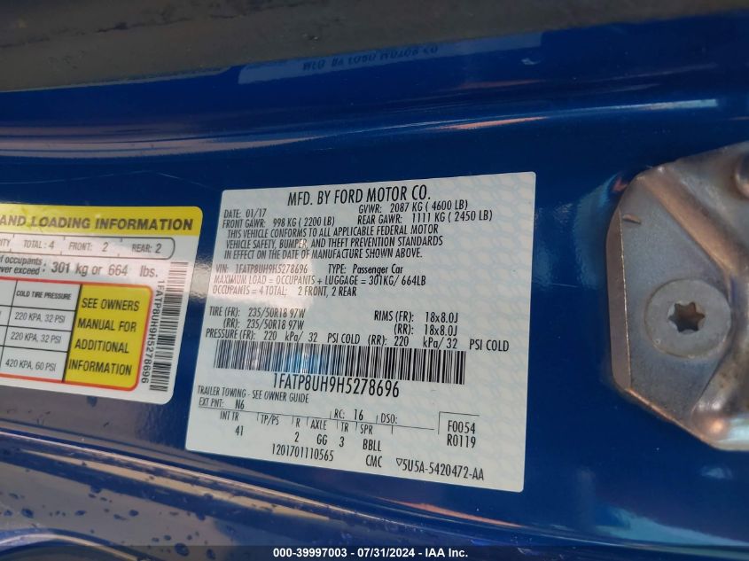 2017 Ford Mustang Ecoboost Premium VIN: 1FATP8UH9H5278696 Lot: 39997003