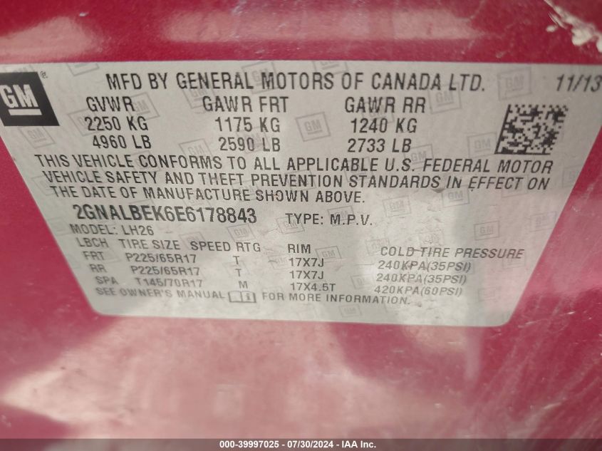 2014 Chevrolet Equinox 1Lt VIN: 2GNALBEK6E6178843 Lot: 39997025