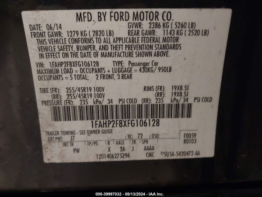 1FAHP2F8XFG106128 2015 Ford Taurus Limited