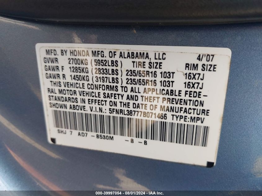 2007 Honda Odyssey Ex-L VIN: 5FNRL38777B071466 Lot: 39997054