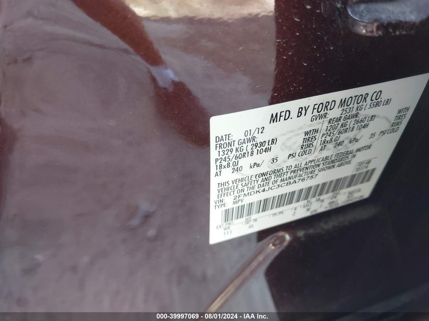 2012 Ford Edge Sel VIN: 2FMDK4JC3CBA76757 Lot: 39997069