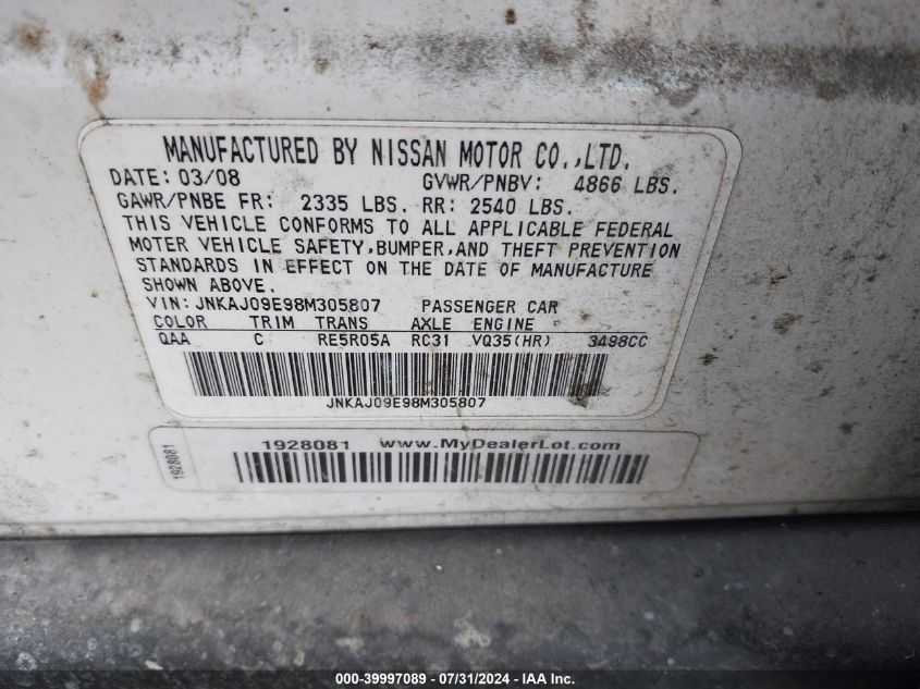 JNKAJ09E98M305807 2008 Infiniti Ex35 Journey