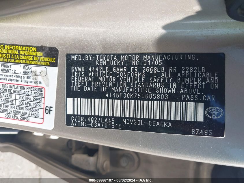 2005 Toyota Camry Xle V6 VIN: 4T1BF30K75U605803 Lot: 39997107