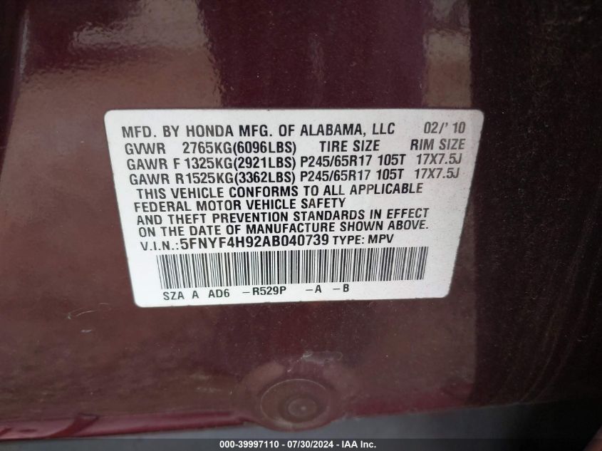 2010 Honda Pilot Touring VIN: 5FNYF4H92AB040739 Lot: 39997110