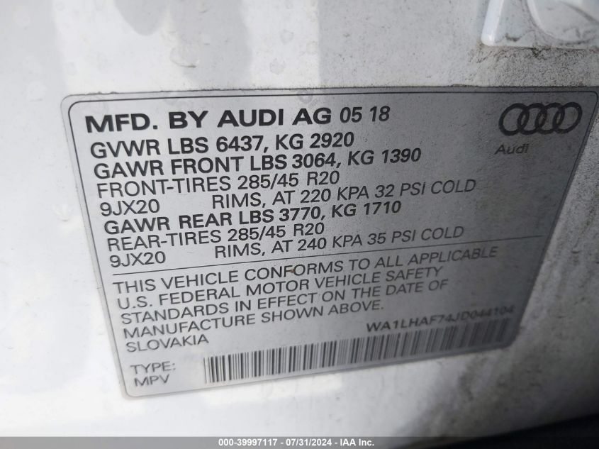 2018 Audi Q7 2.0T Premium VIN: WA1LHAF74JD044104 Lot: 39997117