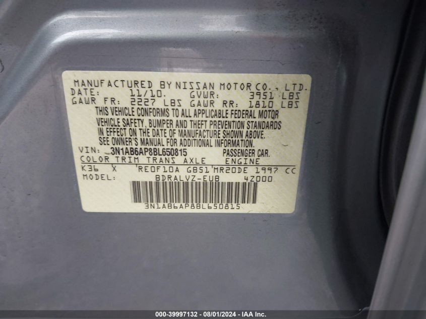 2011 Nissan Sentra 2.0Sl VIN: 3N1AB6AP8BL650815 Lot: 39997132