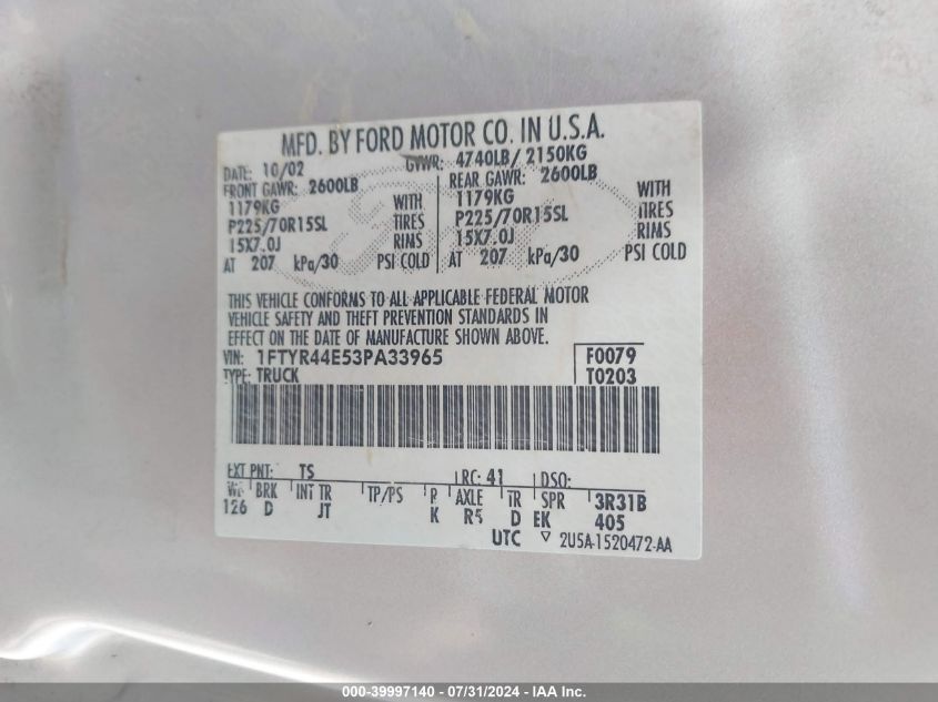 2003 Ford Ranger Xlt VIN: 1FTYR44E53PA33965 Lot: 39997140