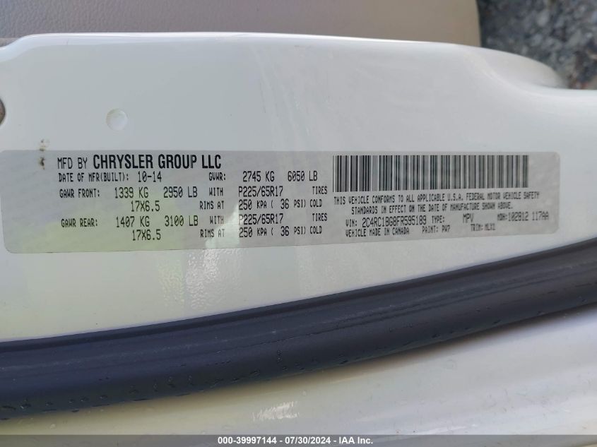 2015 Chrysler Town & Country Touring VIN: 2C4RC1BG8FR595189 Lot: 39997144