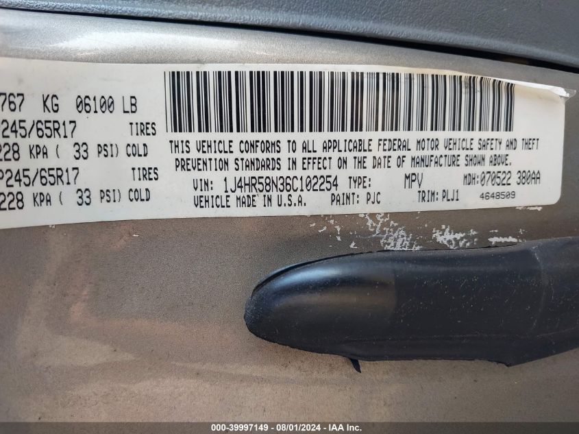 2006 Jeep Grand Cherokee Limited VIN: 1J4HR58N36C102254 Lot: 39997149