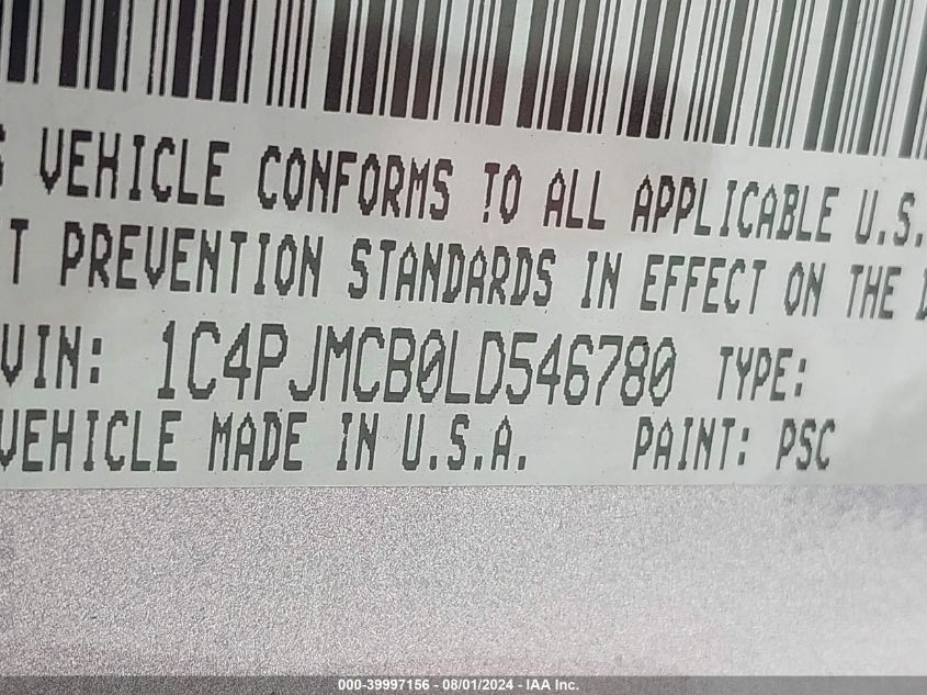 2020 Jeep Cherokee Latitude 4X4 VIN: 1C4PJMCB0LD546780 Lot: 39997156