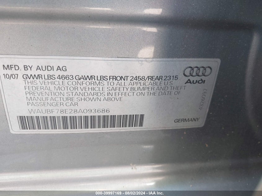 2008 Audi A4 S-Line 2.0T Turbo VIN: WAUBF78E28A093686 Lot: 39997169