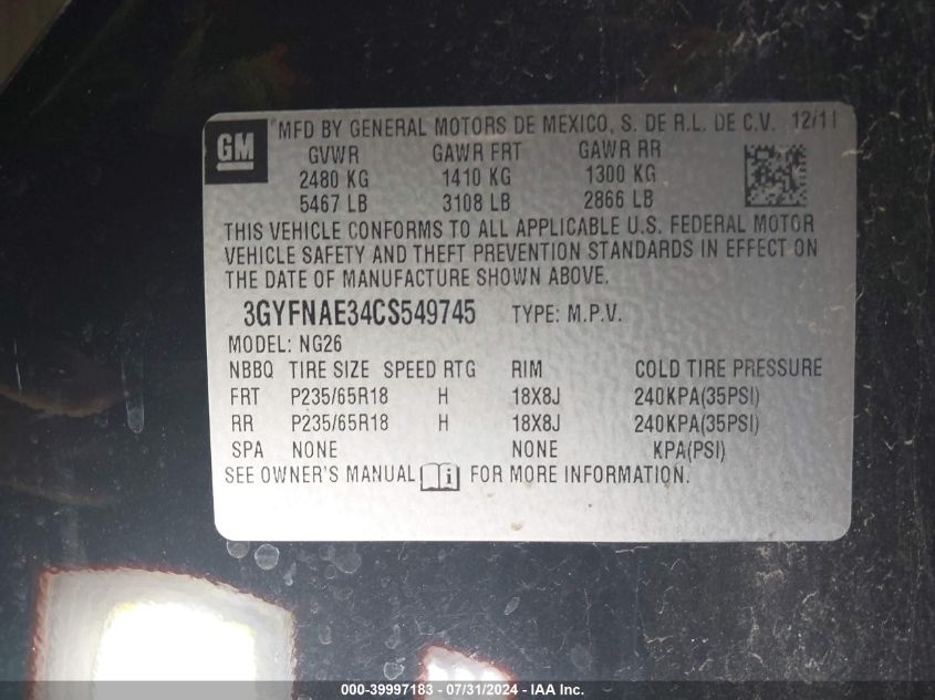 2012 Cadillac Srx Luxury Collection VIN: 3GYFNAE34CS549745 Lot: 39997183