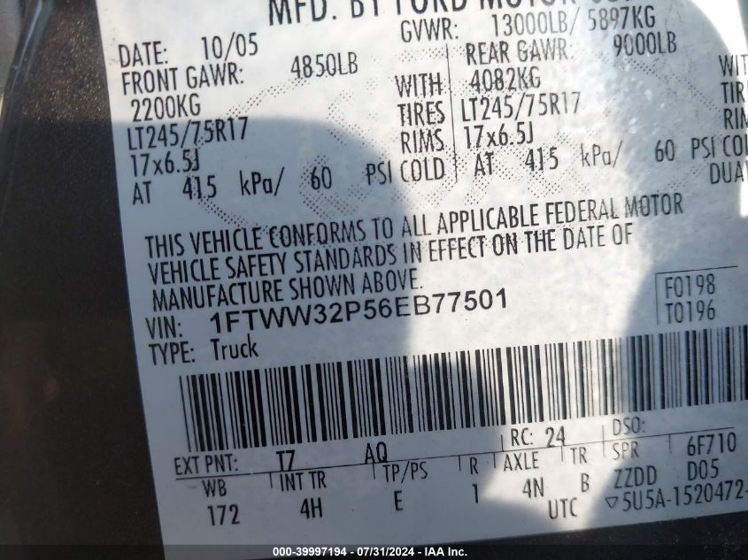 2006 Ford F-350 Lariat/Xl/Xlt VIN: 1FTWW32P56EB77501 Lot: 39997194