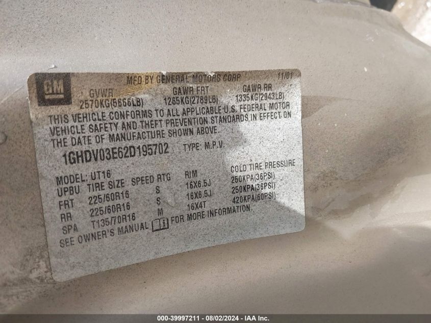 2004 Chevrolet Venture Plus VIN: 1GNDU03E34D261898 Lot: 39997211