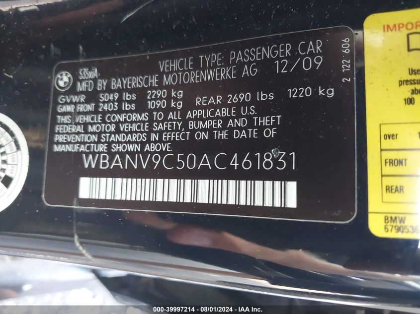 2010 BMW 535I xDrive VIN: WBANV9C50AC461831 Lot: 39997214