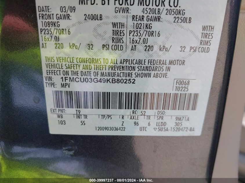 2009 Ford Escape Xlt VIN: 1FMCU03G49KB80252 Lot: 39997237