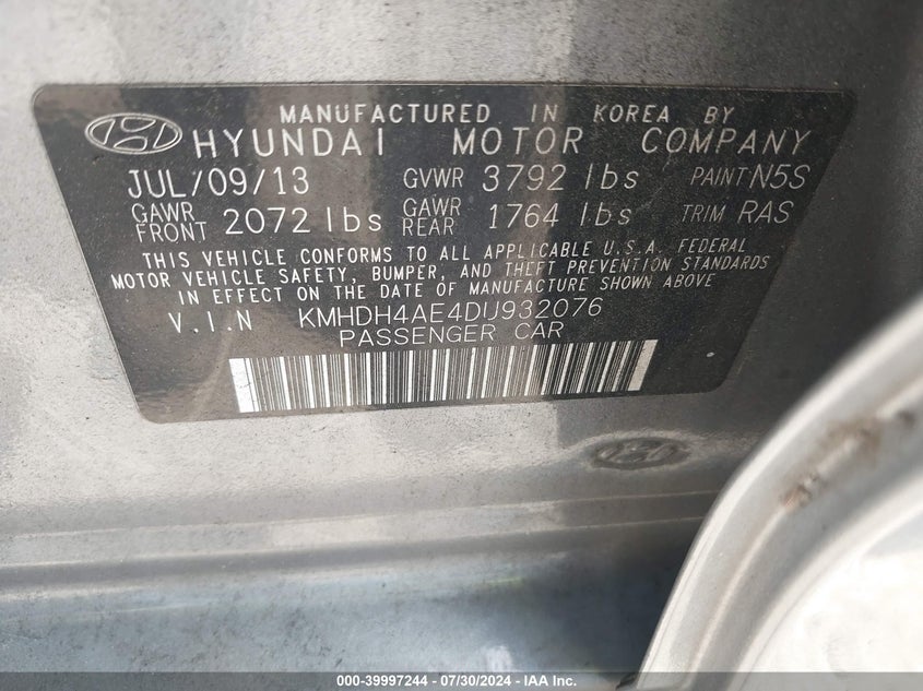2013 Hyundai Elantra Gls VIN: KMHDH4AE4DU932076 Lot: 39997244
