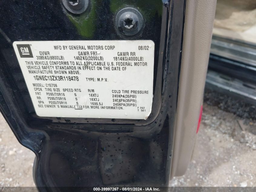 2003 Chevrolet Tahoe Lt VIN: 1GNEC13ZX3R118478 Lot: 39997267