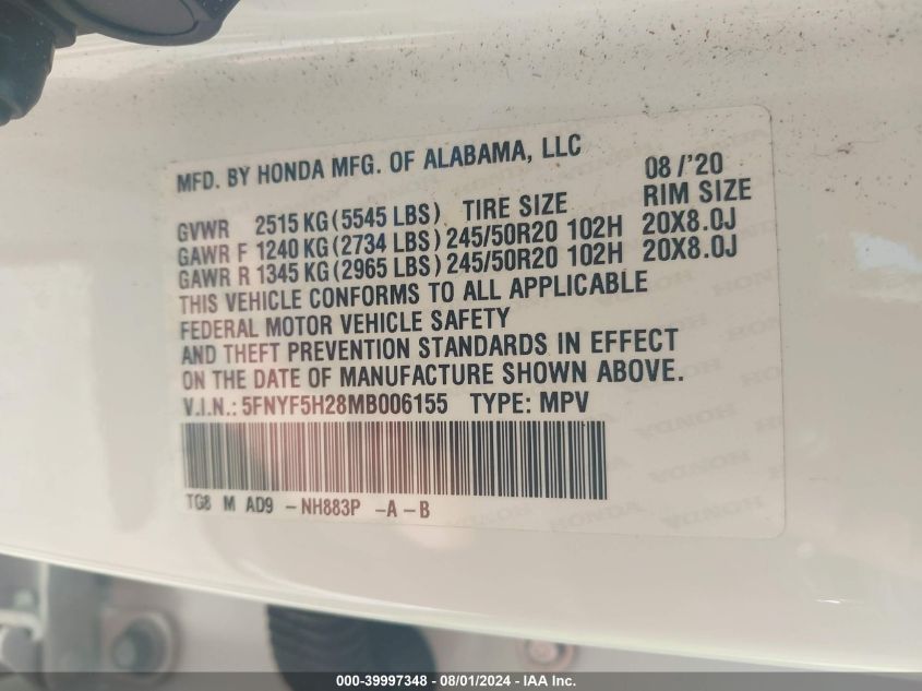 2021 Honda Pilot Se VIN: 5FNYF5H28MB006155 Lot: 39997348