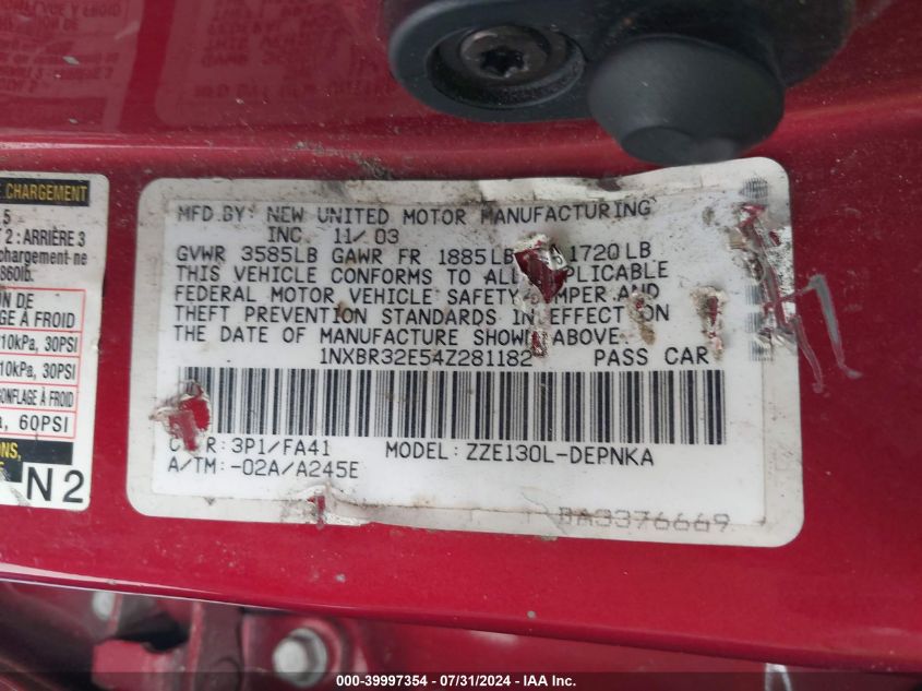 2004 Toyota Corolla Le VIN: 1NXBR32E54Z281182 Lot: 39997354