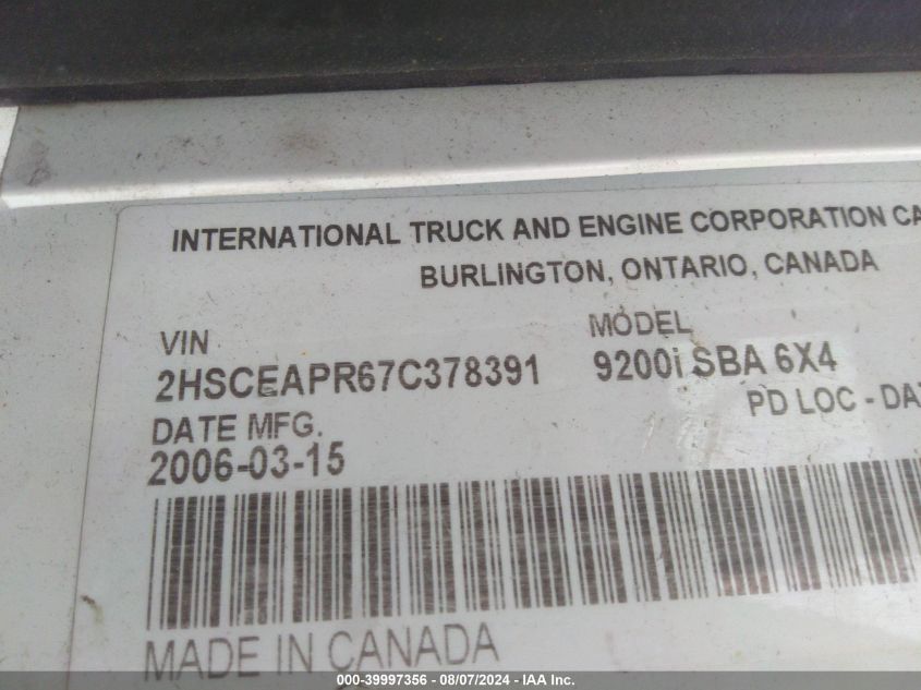 2007 International 9200 9200I VIN: 2HSCEAPR67C378391 Lot: 39997356