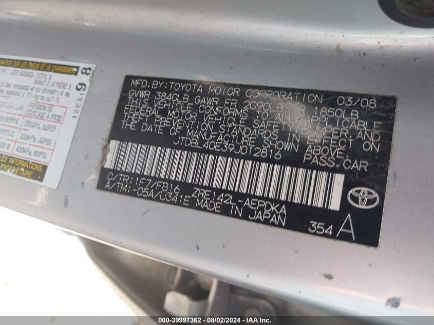 2009 Toyota Corolla Le/S/Xle VIN: JTDBL40E39J012816 Lot: 39997362