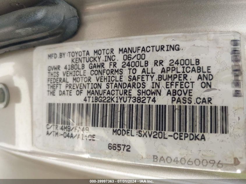 2000 Toyota Camry Ce/Le/Xle VIN: 4T1BG22K1YU738274 Lot: 39997363