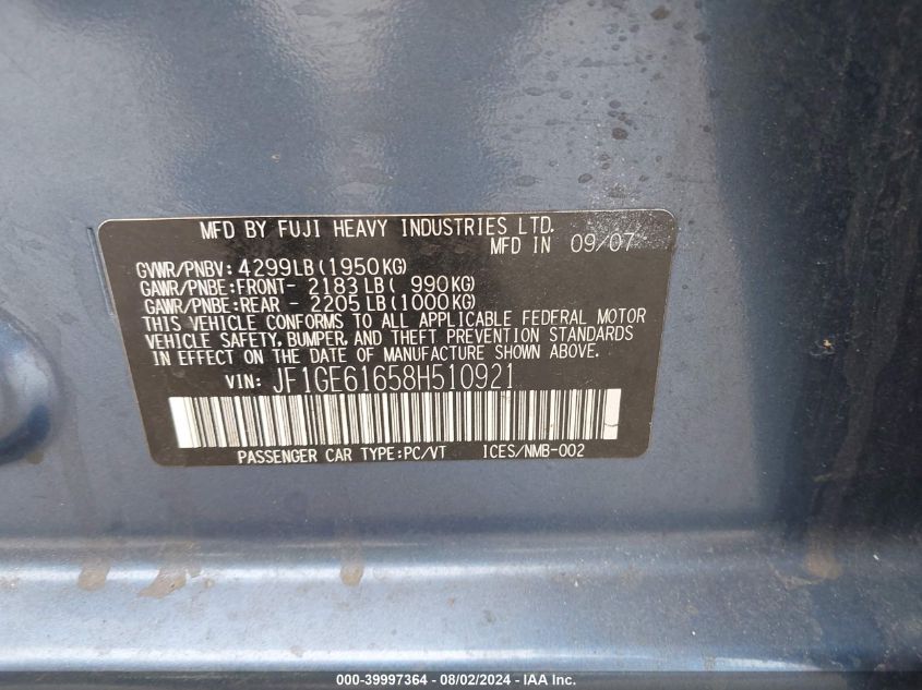 2008 Subaru Impreza 2.5I VIN: JF1GE61658H510921 Lot: 39997364