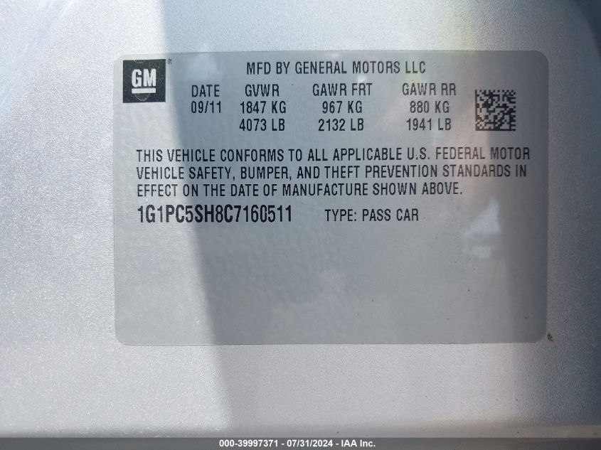 2012 Chevrolet Cruze Ls VIN: 1G1PC5SH8C7160511 Lot: 39997371