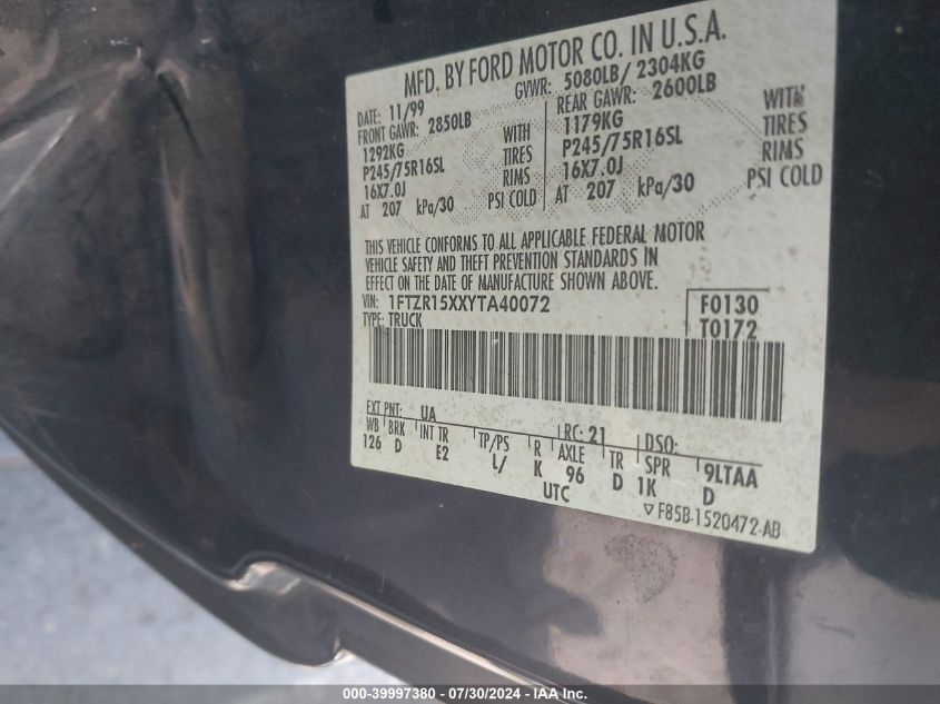 2000 Ford Ranger Xlt VIN: 1FTZR15XXYTA40072 Lot: 39997380