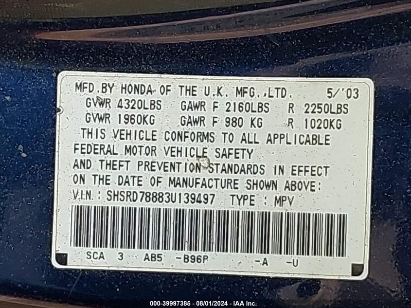 2003 Honda Cr-V Ex VIN: SHSRD78883U139497 Lot: 39997385