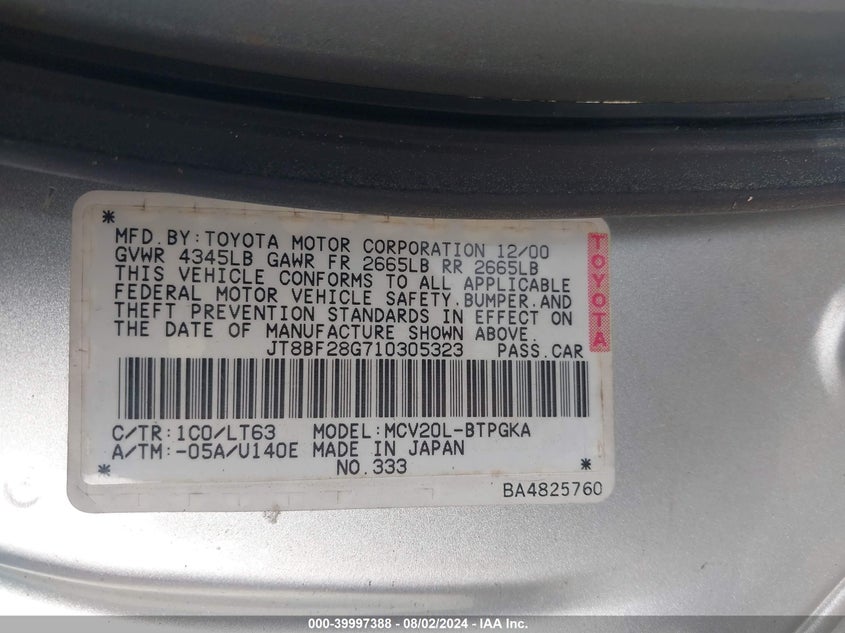 2001 Lexus Es 300 VIN: JT8BF28G710305323 Lot: 39997388