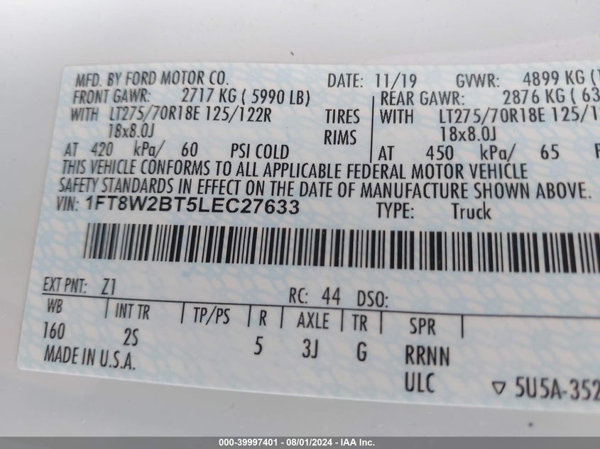 2020 Ford F-250 Xlt VIN: 1FT8W2BT5LEC27633 Lot: 39997401