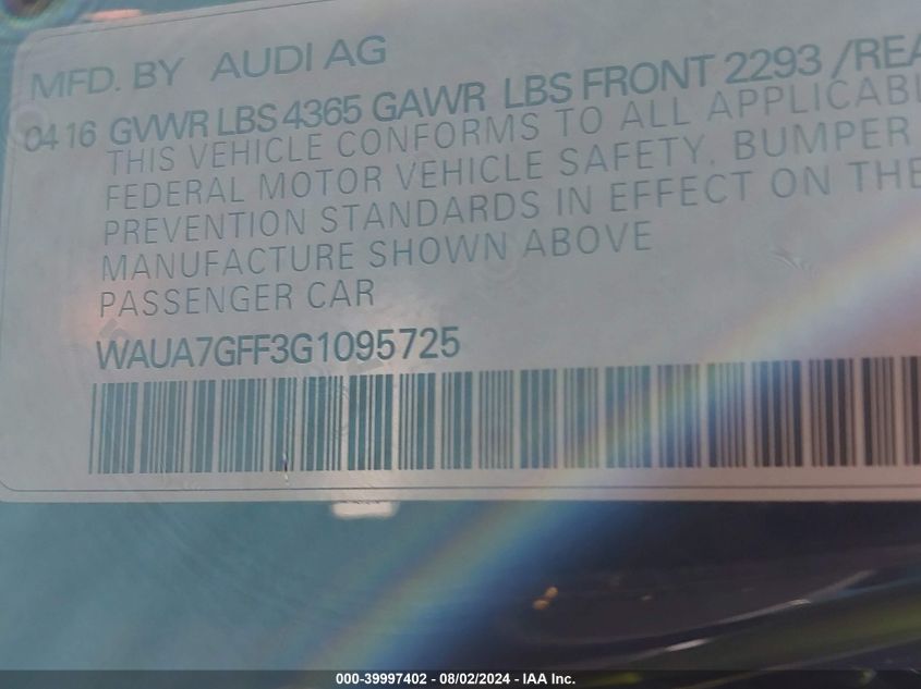 2016 AUDI A3 1.8T PREMIUM - WAUA7GFF3G1095725