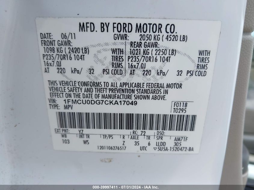 2012 Ford Escape Xlt VIN: 1FMCU0DG7CKA17049 Lot: 39997411