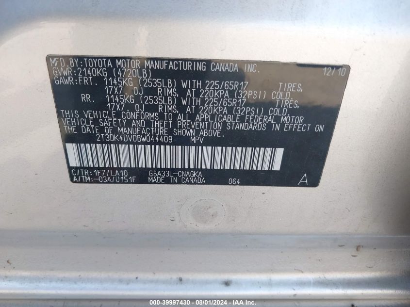 2011 Toyota Rav4 Limited V6 VIN: 2T3DK4DV0BW044409 Lot: 39997430