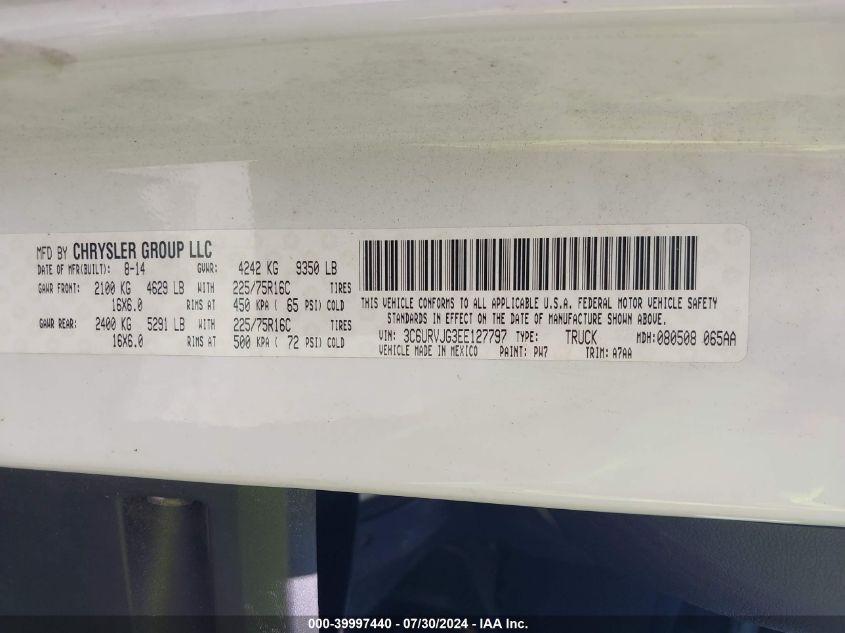 2014 Ram Promaster 3500 High Roof VIN: 3C6URVJG3EE127797 Lot: 39997440