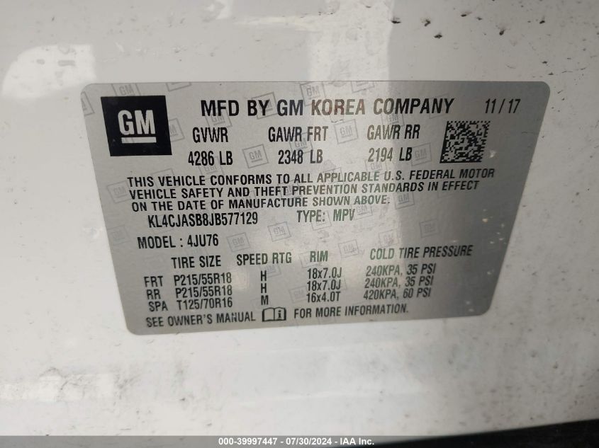 2018 Buick Encore Preferred VIN: KL4CJASB8JB577129 Lot: 39997447