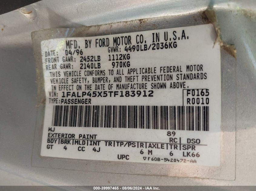 1996 Ford Mustang Gt VIN: 1FALP45X5TF183912 Lot: 39997465