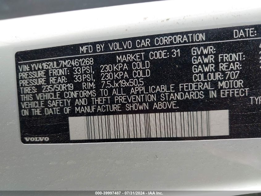2021 Volvo Xc40 T5 Inscription VIN: YV4162UL7M2461268 Lot: 39997487