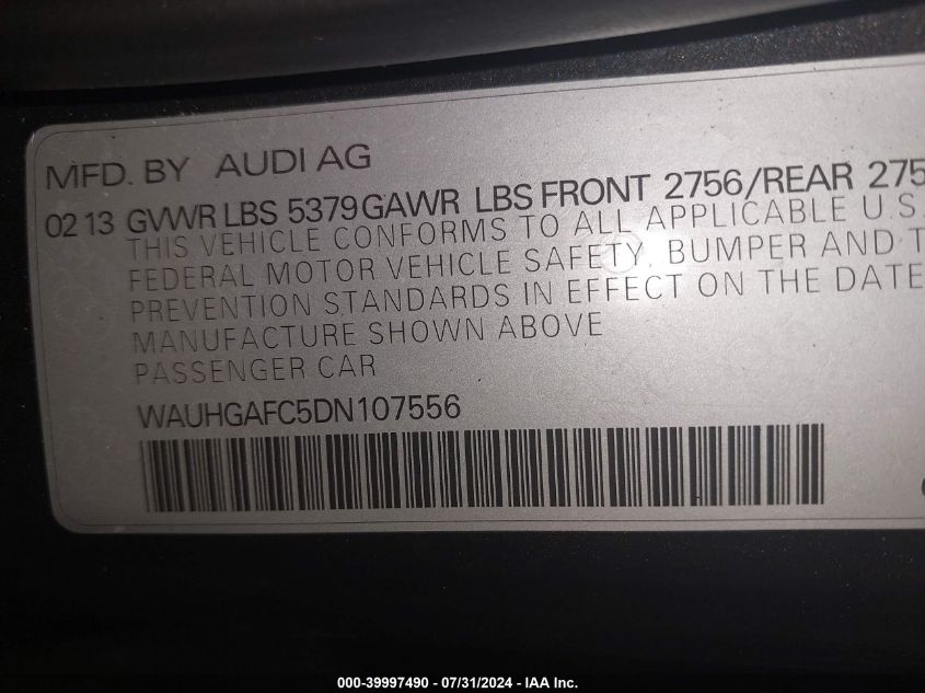 2013 Audi A6 3.0T Premium VIN: WAUHGAFC5DN107556 Lot: 39997490
