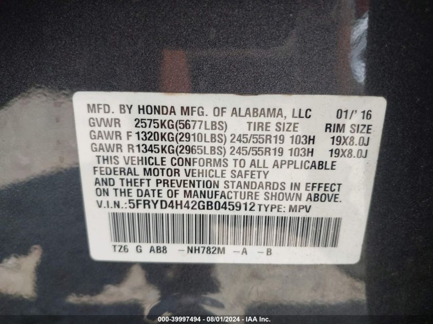 2016 Acura Mdx Technology Acurawatch Plus Packages/Technology Package VIN: 5FRYD4H42GB045912 Lot: 39997494