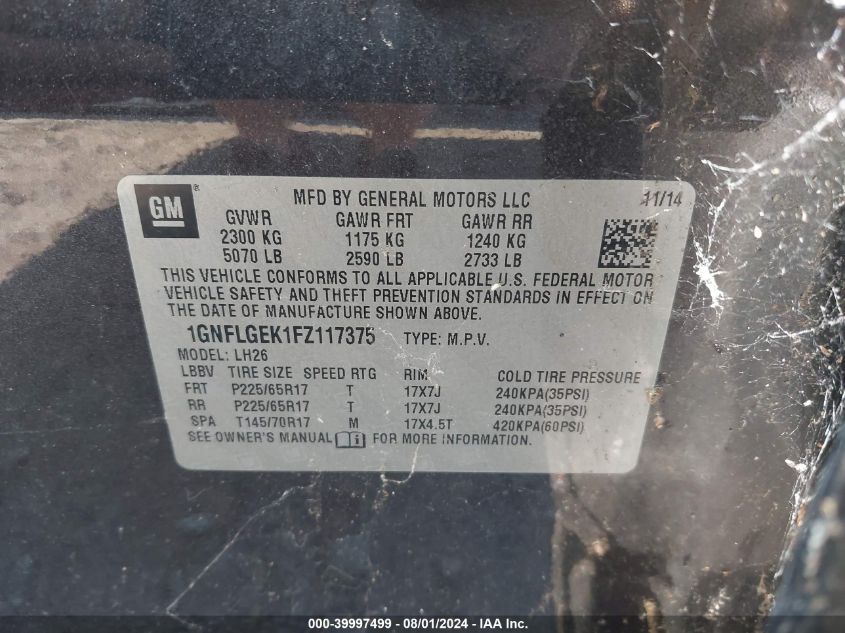 2015 Chevrolet Equinox Lt VIN: 1GNFLGEK1FZ117375 Lot: 39997499