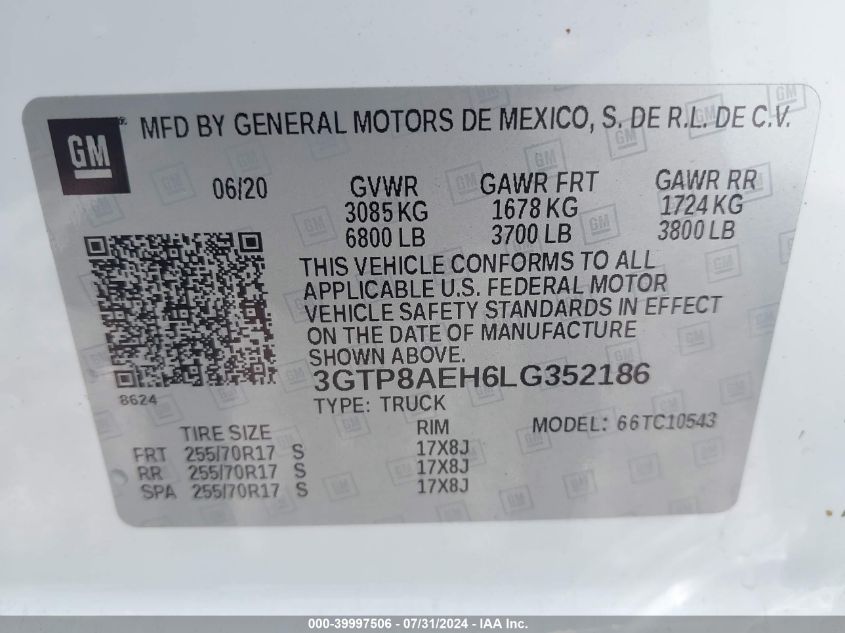 VIN 3GTP8AEH6LG352186 2020 GMC SIERRA 1500 no.9