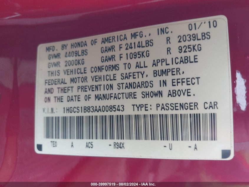 2010 Honda Accord 2.4 Ex-L VIN: 1HGCS1B83AA008543 Lot: 39997519