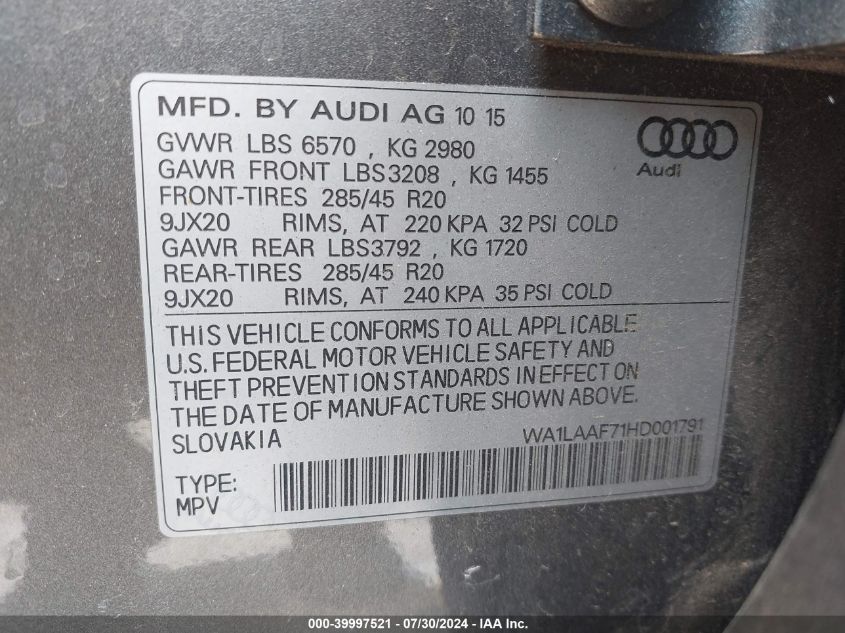 2017 Audi Q7 3.0T Premium VIN: WA1LAAF71HD001791 Lot: 39997521