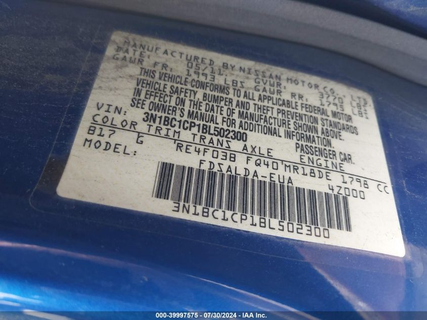 2011 Nissan Versa 1.8S VIN: 3N1BC1CP1BL502300 Lot: 39997575