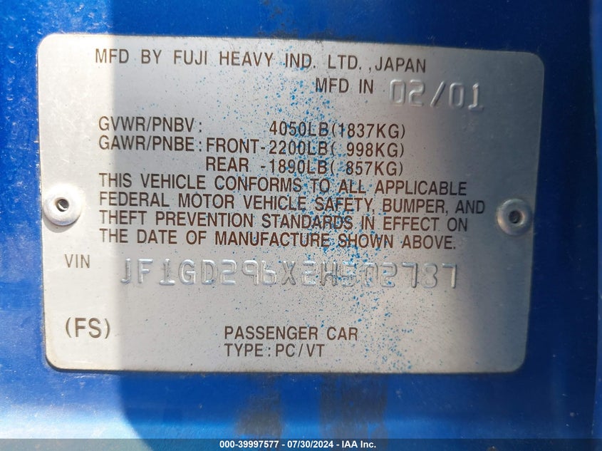 2002 Subaru Impreza Wrx VIN: JF1GD296X2H502787 Lot: 39997577