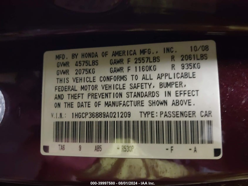2009 Honda Accord 3.5 Ex-L VIN: 1HGCP36889A021209 Lot: 39997580